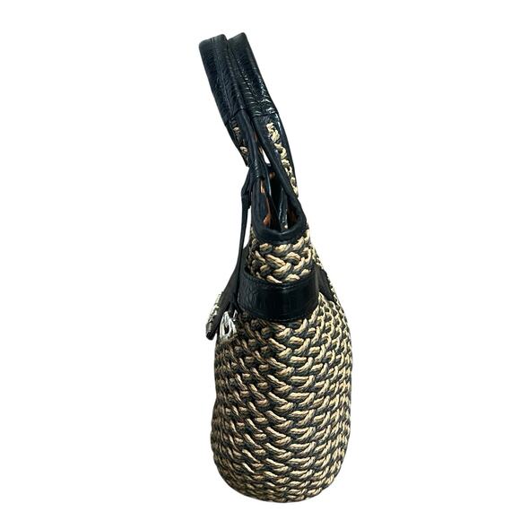 Brighton Woven Tan Straw Shoulder Bag Handbag Purse Black Croc Leather Handles - Picture 12 of 15